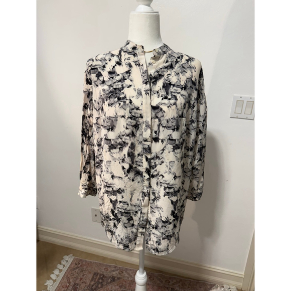 ALLSAINTS Button Down Silk Shirt Size one size Off-White Black Abstract Print - Picture 2 of 12